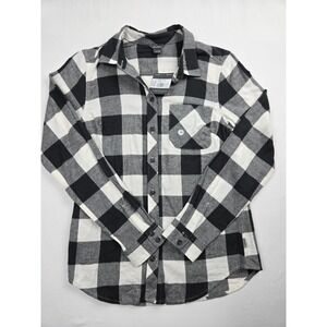 Eddie Bauer Women's XS Black White Buffalo Plaid Long Sleeve Flannel Shirt NWT